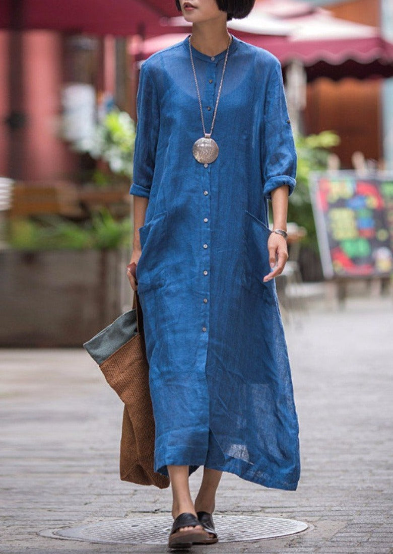 Blue Long Dress Casual Linen Cotton Shirt Dress