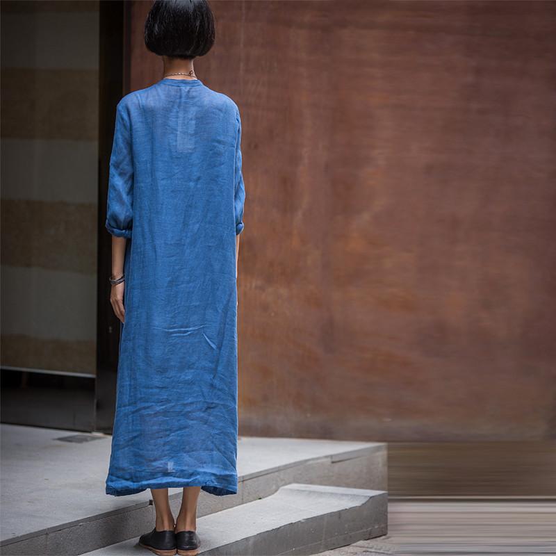 Blue Long Dress Casual Linen Cotton Shirt Dress