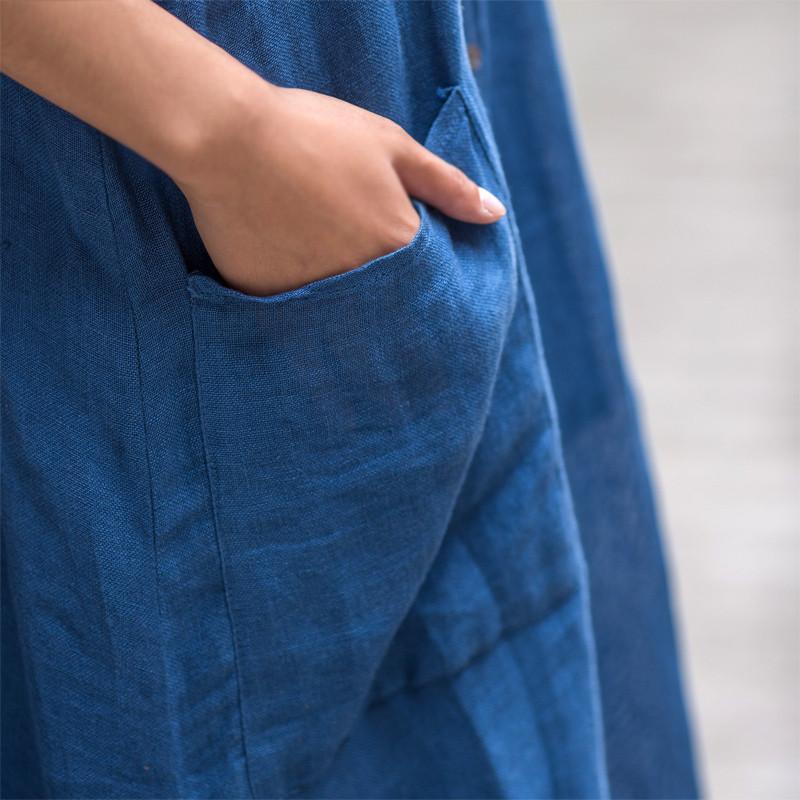 Blue Long Dress Casual Linen Cotton Shirt Dress