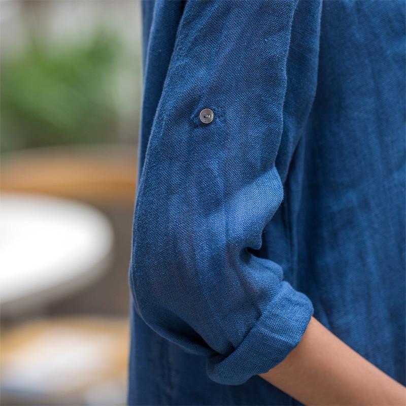 Blue Long Dress Casual Linen Cotton Shirt Dress