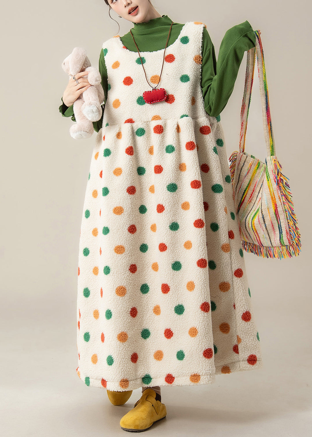 Loose Apricot Dot Print Pockets Faux Fur Dress Sleeveless