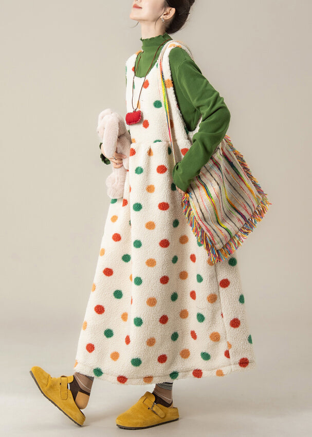 Loose Apricot Dot Print Pockets Faux Fur Dress Sleeveless