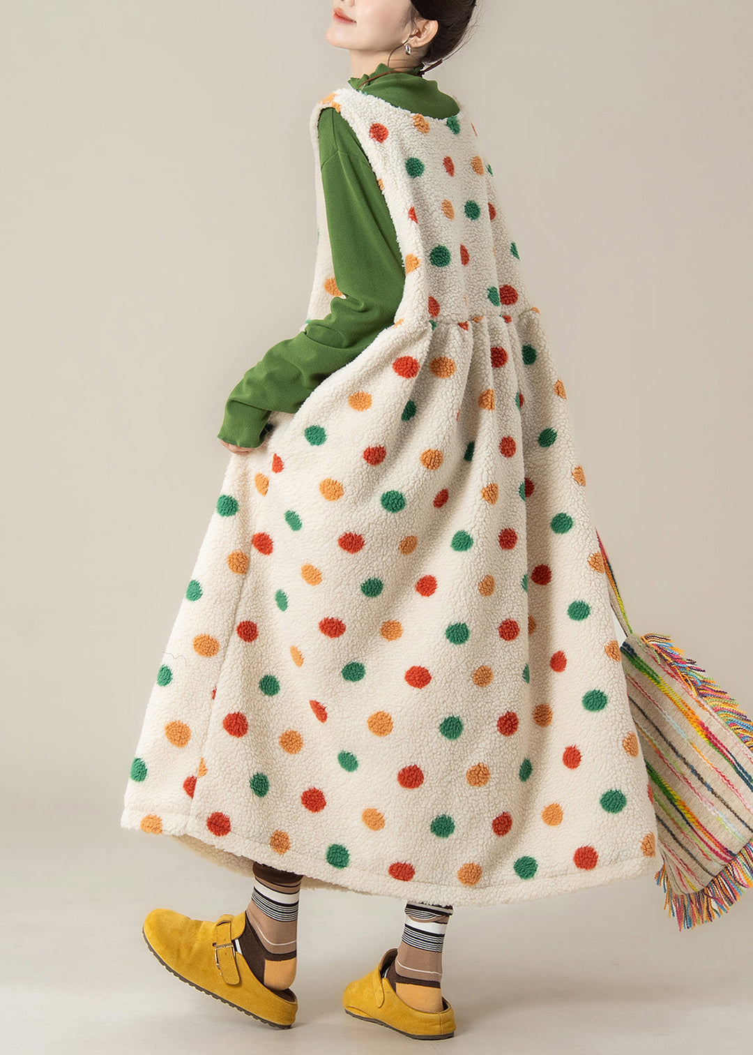 Loose Apricot Dot Print Pockets Faux Fur Dress Sleeveless