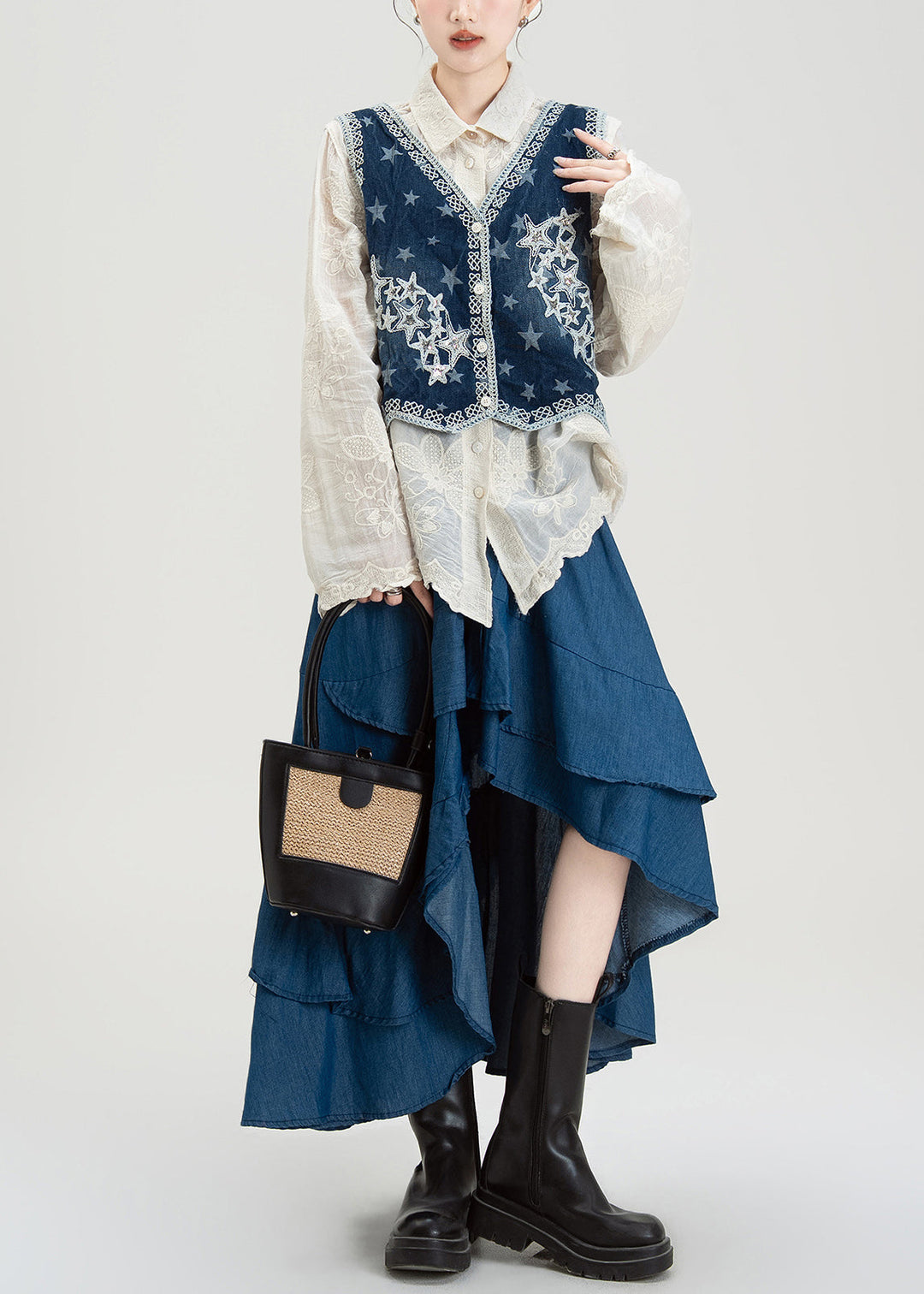 Loose Apricot Embroidered Button Cotton Three Pieces Set Fall