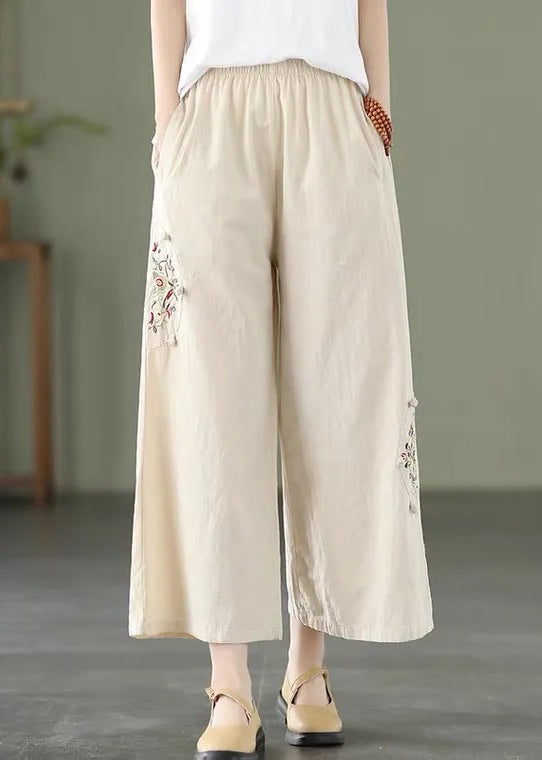 Loose Apricot Embroidered High Waist Cotton Crop Pants Summer
