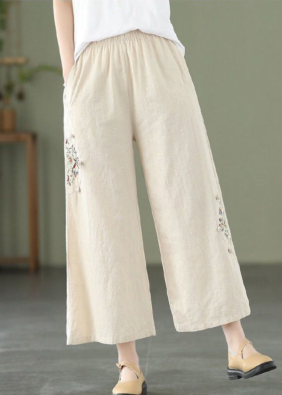 Loose Apricot Embroidered High Waist Cotton Crop Pants Summer