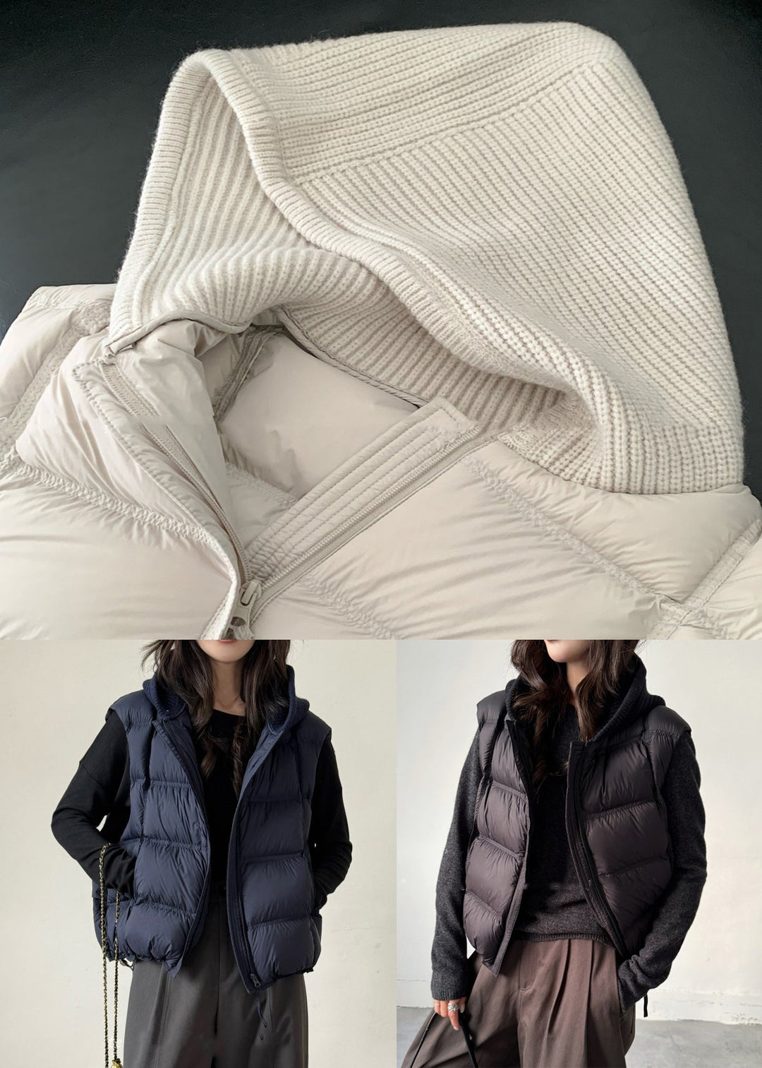 Loose Apricot Hooded Drawstring Patchwork Duck Down Waistcoat Winter