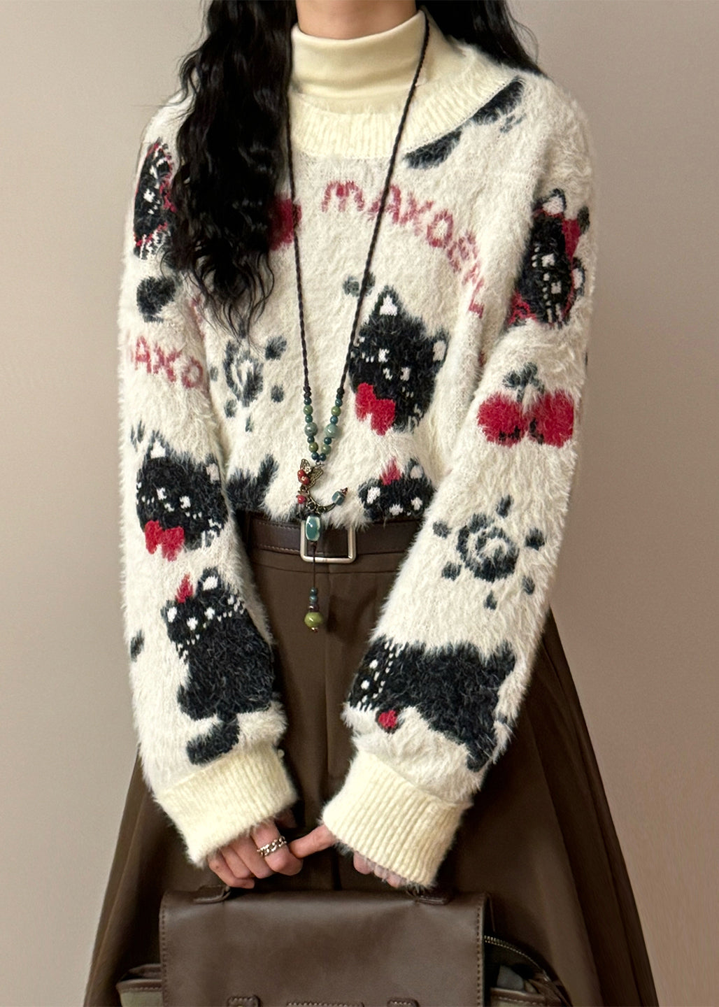 Loose Apricot Jacquard Kitten Cherry Knit Sweater Winter