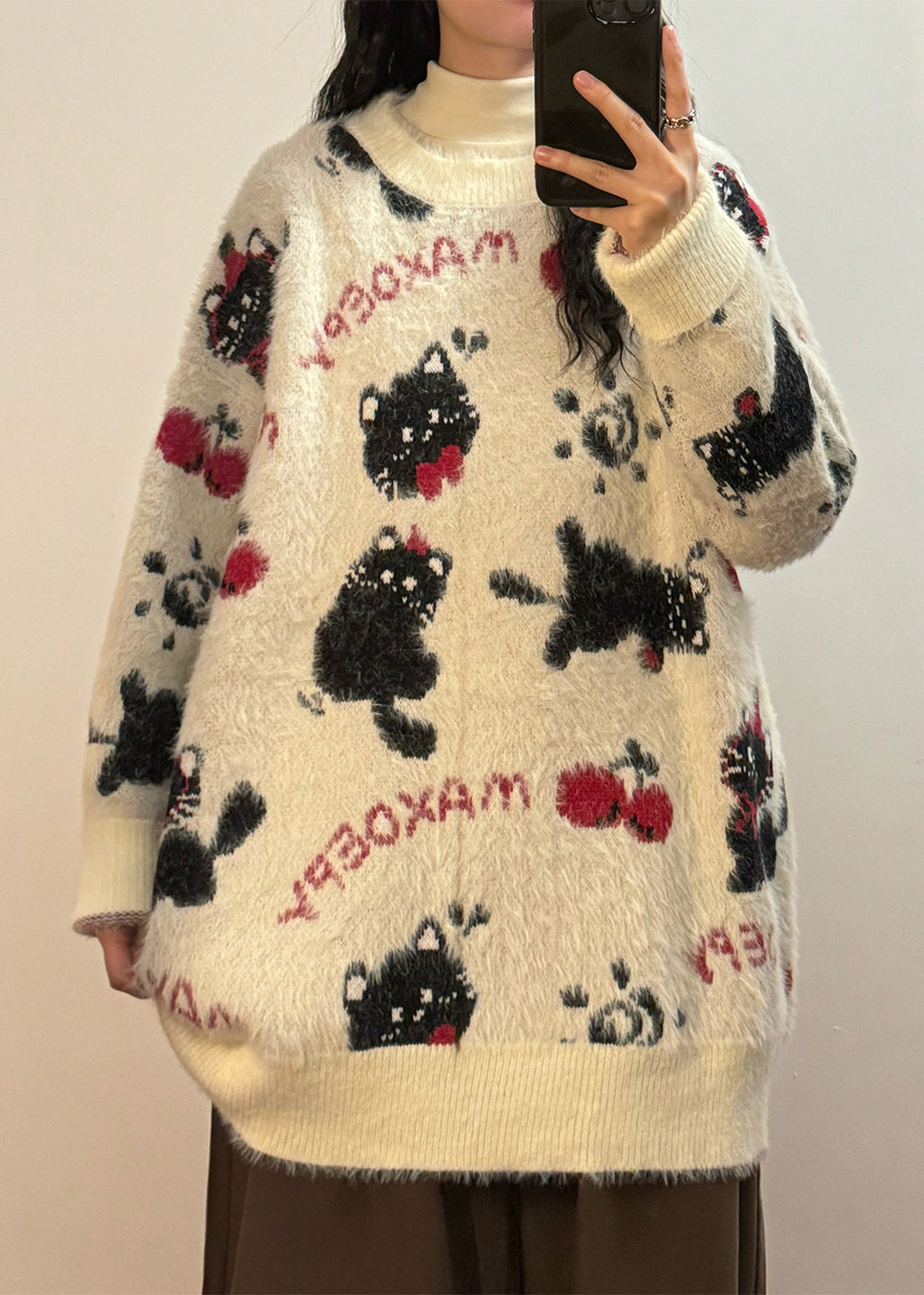 Loose Apricot Jacquard Kitten Cherry Knit Sweater Winter