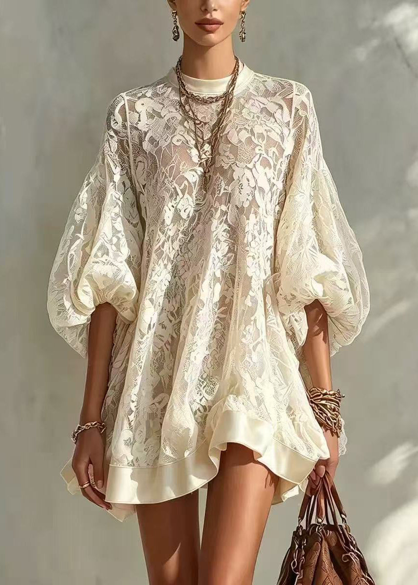 Loose Apricot O-Neck Lace Mini Dress Puff Sleeve
