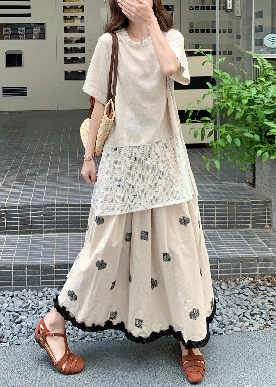Loose Apricot O Neck Lace T Shirt And Skirts Linen Two Pieces Set Summer