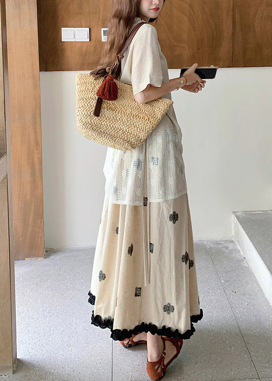 Loose Apricot O Neck Lace T Shirt And Skirts Linen Two Pieces Set Summer