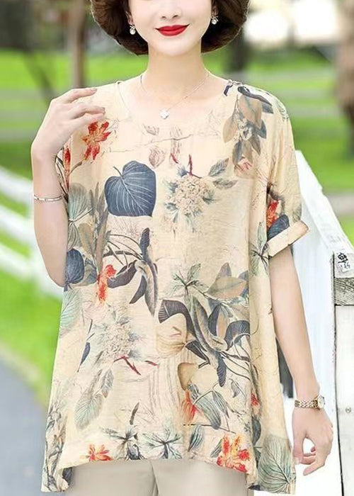 Loose Apricot O Neck Print Cotton T Shirts Short Sleeve