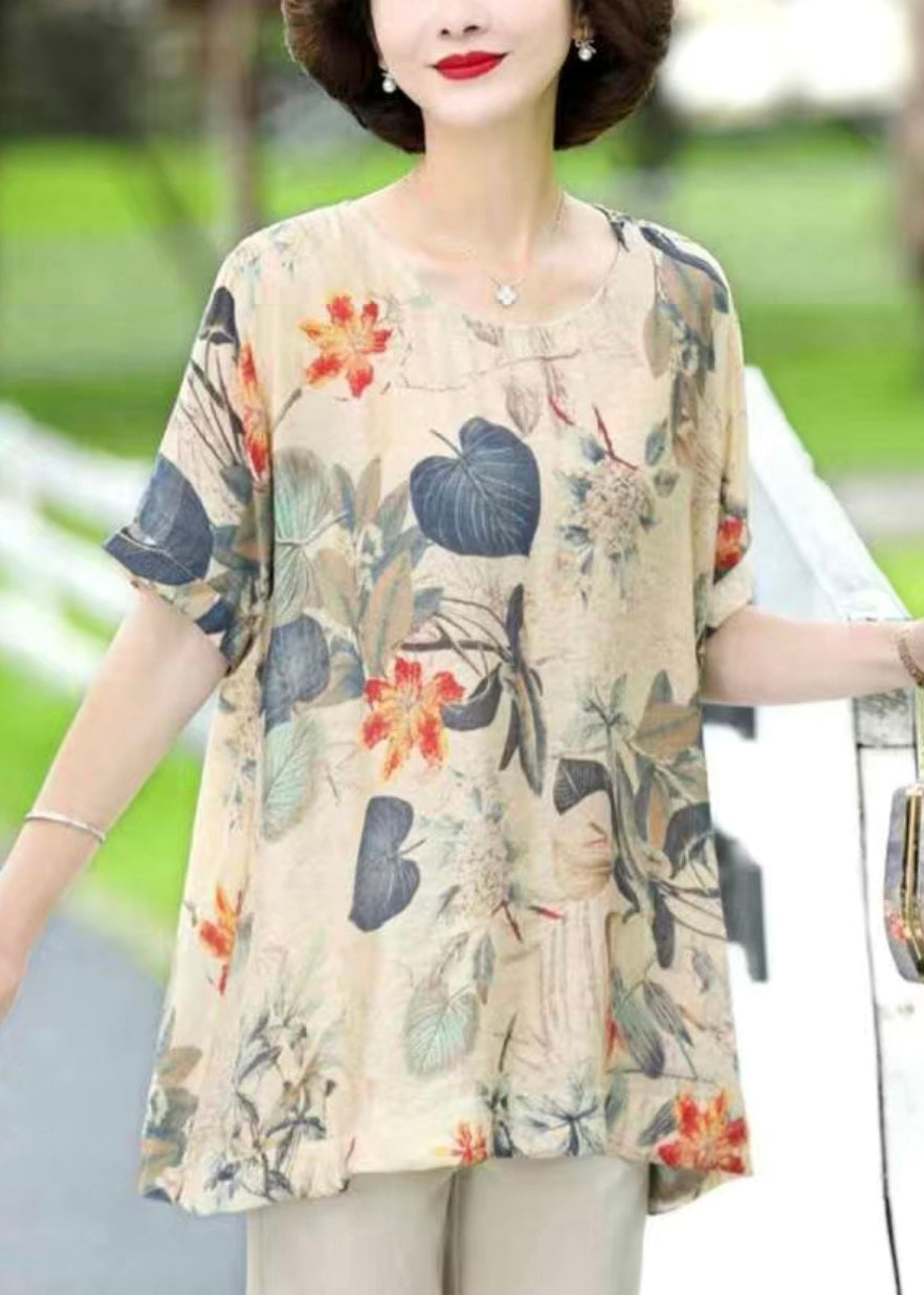 Loose Apricot O Neck Print Cotton T Shirts Short Sleeve