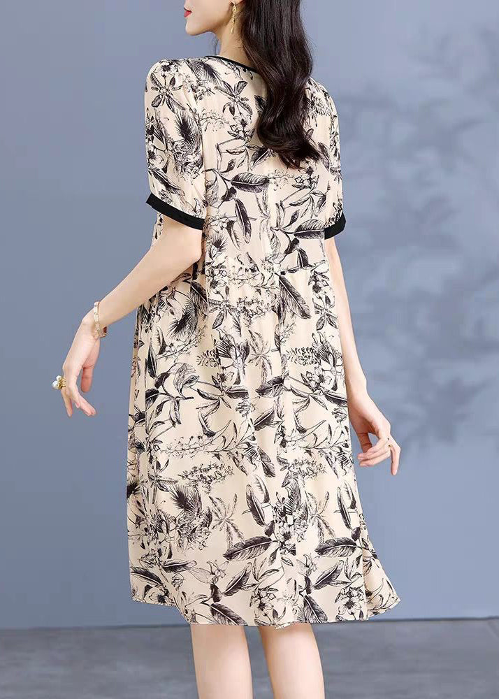 Loose Apricot O Neck Print Silk Dress Short Sleeve