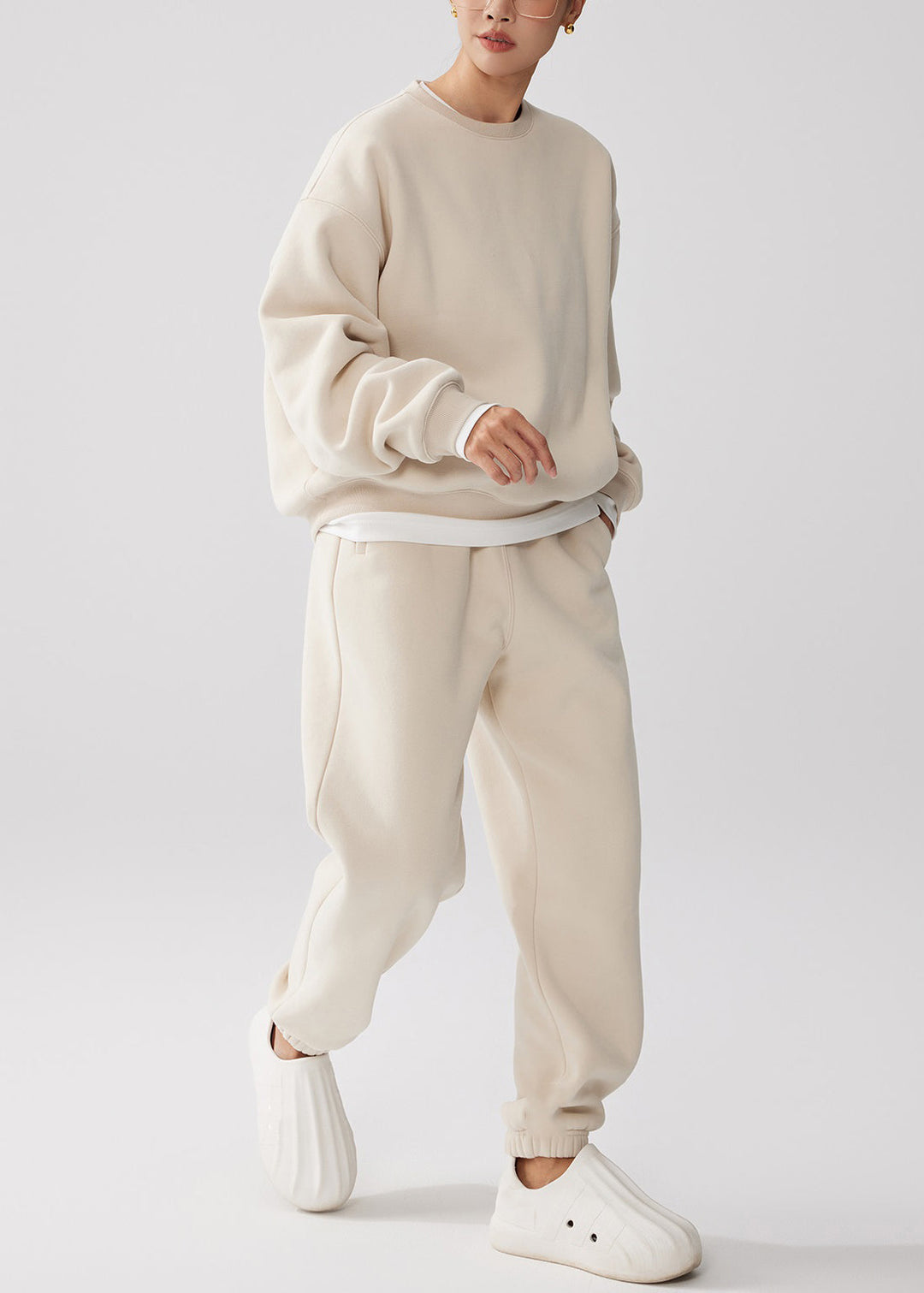 Loose Apricot O Neck Sweatshirt And Pants Warm Fleece Two Piece Set Winter