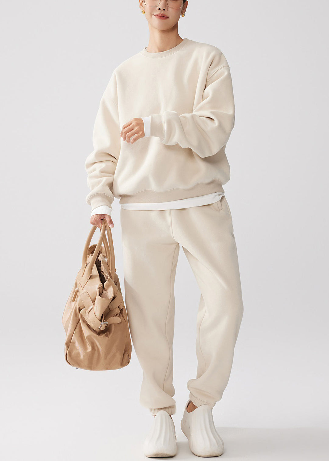 Loose Apricot O Neck Sweatshirt And Pants Warm Fleece Two Piece Set Winter