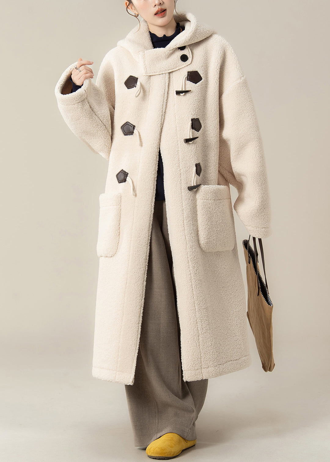 Loose Apricot Pockets Thick Faux Fur Hooded Coats Winter