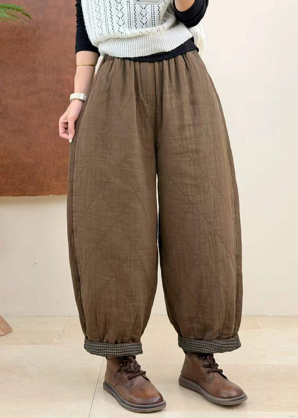 Loose Apricot Quilted Elastic Waist Cotton Filled Harem Crop Pants Fall
