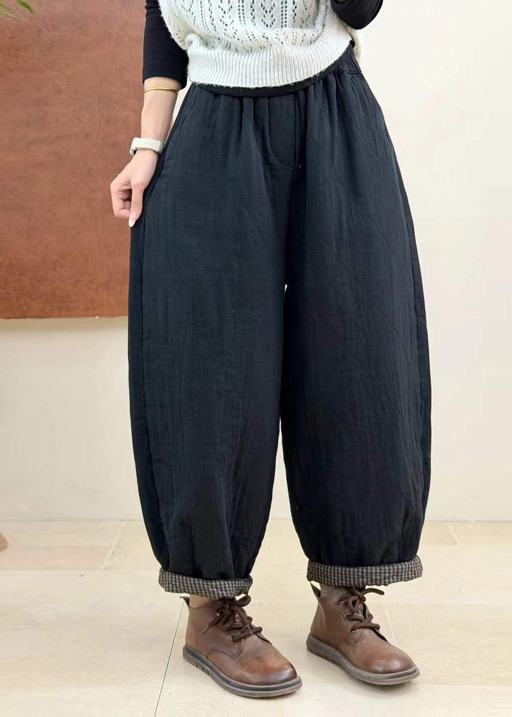 Loose Apricot Quilted Elastic Waist Cotton Filled Harem Crop Pants Fall