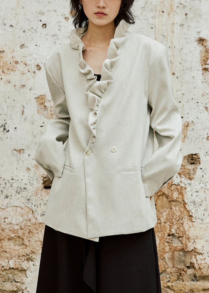 Loose Apricot Ruffled Button Back Side Open Cotton Coat Fall