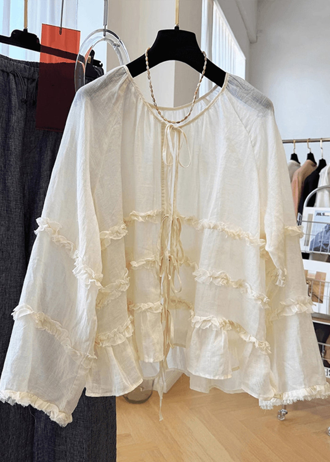 Loose Apricot Ruffled Lace Up Cotton Shirts Fall