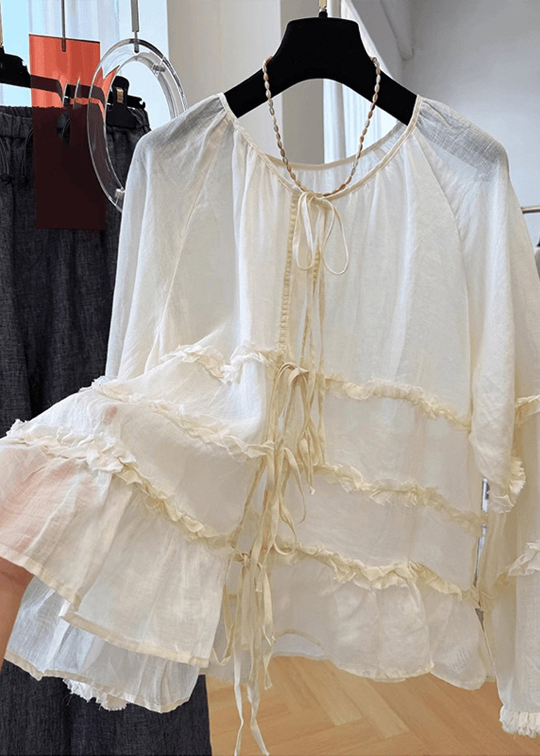 Loose Apricot Ruffled Lace Up Cotton Shirts Fall