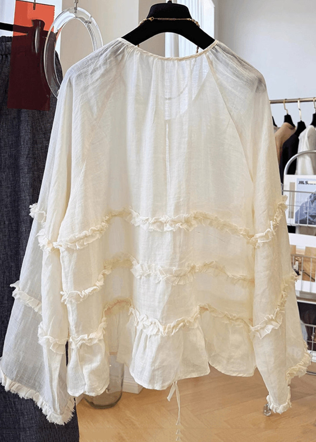 Loose Apricot Ruffled Lace Up Cotton Shirts Fall