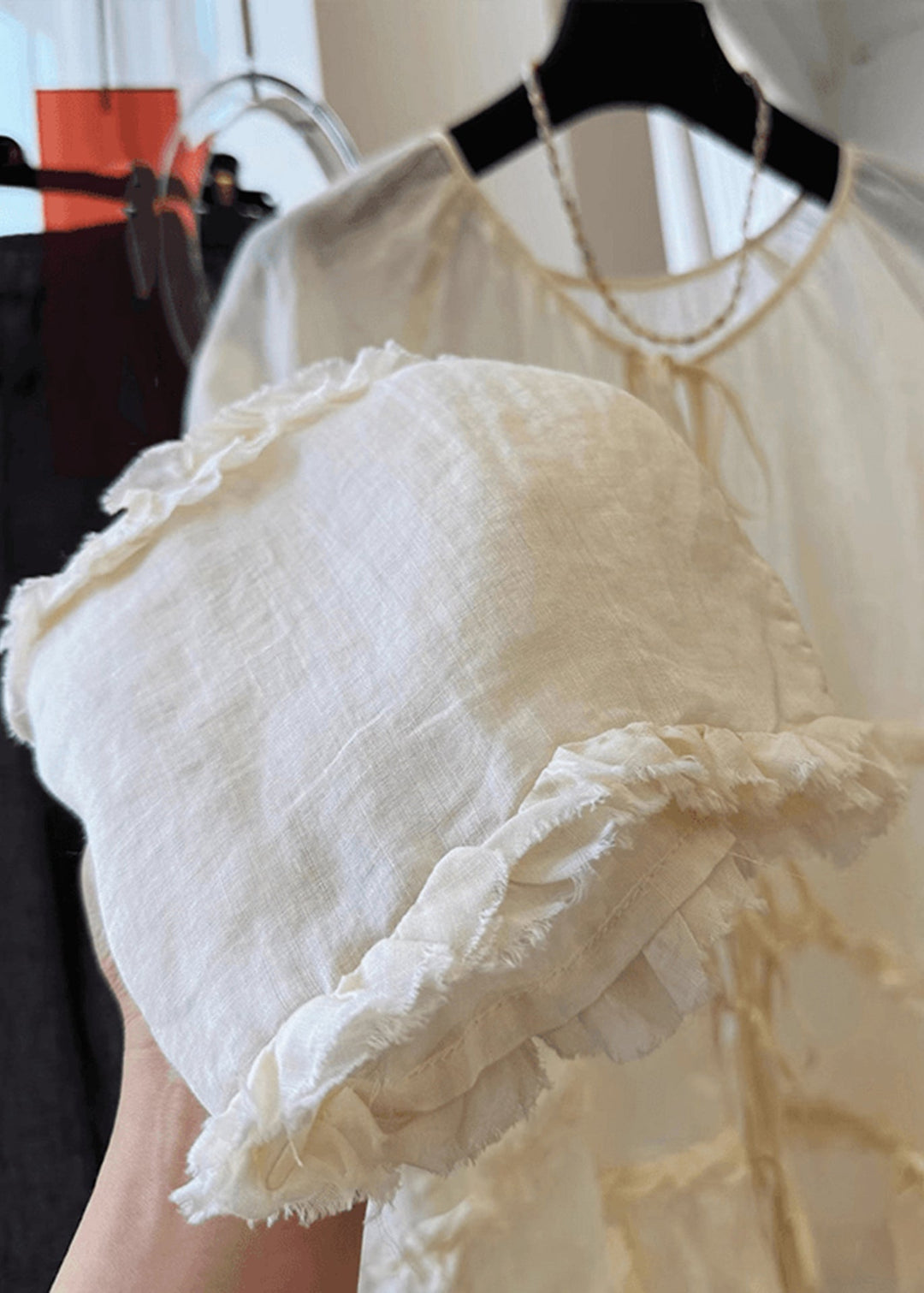 Loose Apricot Ruffled Lace Up Cotton Shirts Fall