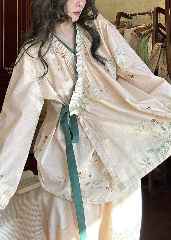 Loose Apricot Ruffled Print Lace Up Cotton Pajamas Two Pieces Set Fall
