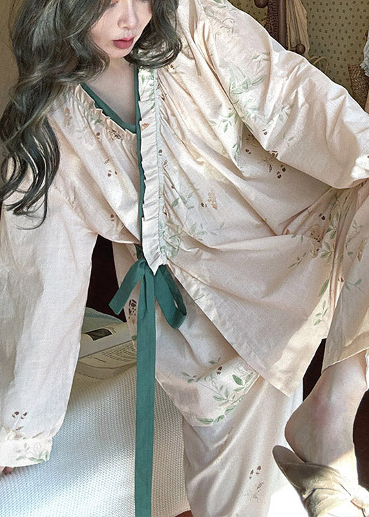 Loose Apricot Ruffled Print Lace Up Cotton Pajamas Two Pieces Set Fall