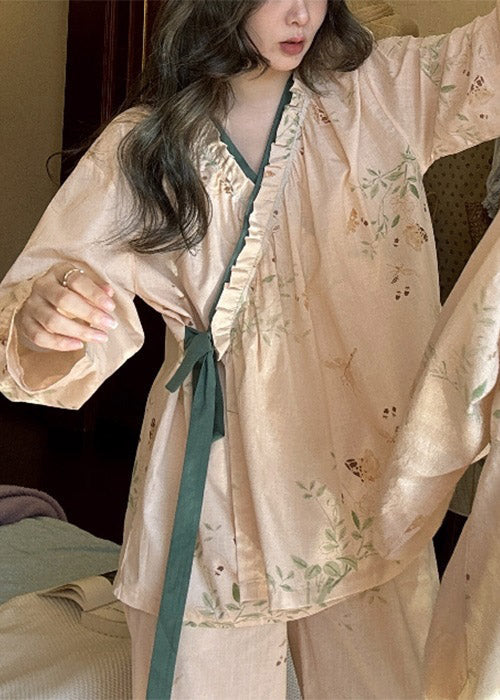 Loose Apricot Ruffled Print Lace Up Cotton Pajamas Two Pieces Set Fall