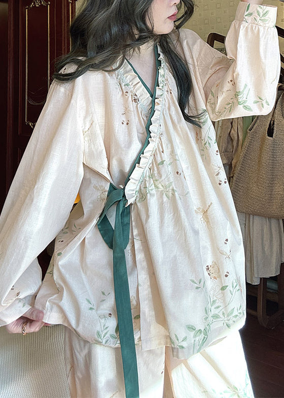 Loose Apricot Ruffled Print Lace Up Cotton Pajamas Two Pieces Set Fall