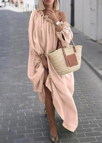 Loose Apricot Slash Neck Cotton Maxi Dresses Long Sleeve