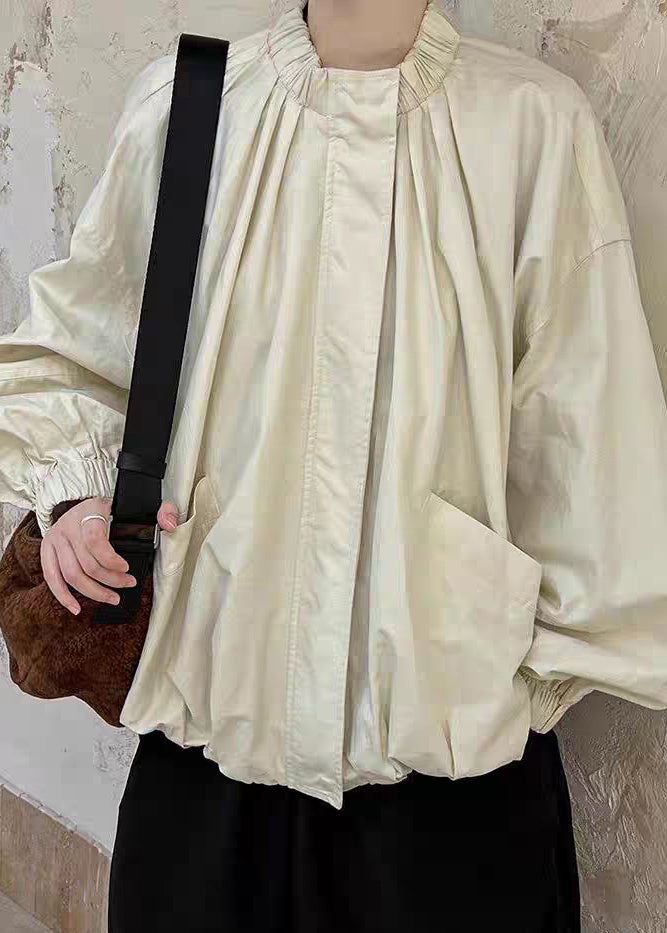 Loose Apricot Stand Collar Pockets Coats Lantern Sleeve