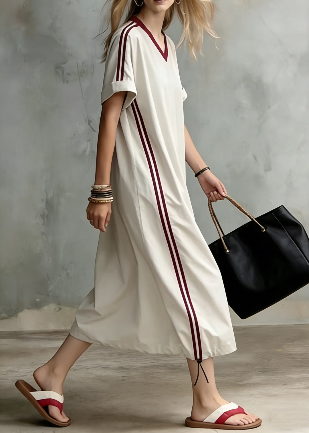 Loose Apricot Striped Pockets Drawstring Cotton Long Dress Summer
