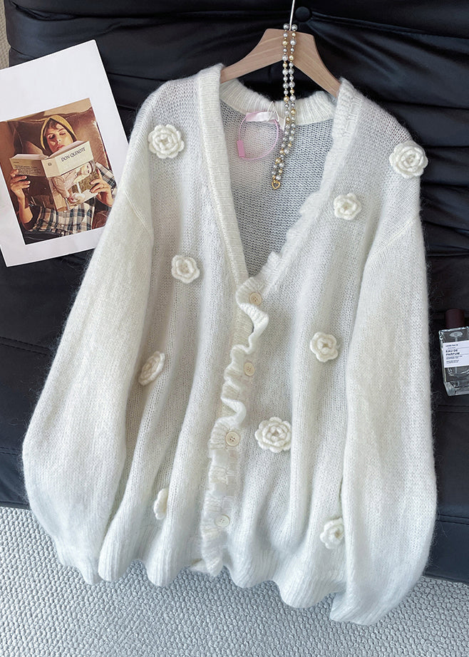 Loose Apricot V Neck Button Floral Knit Cardigan Fall