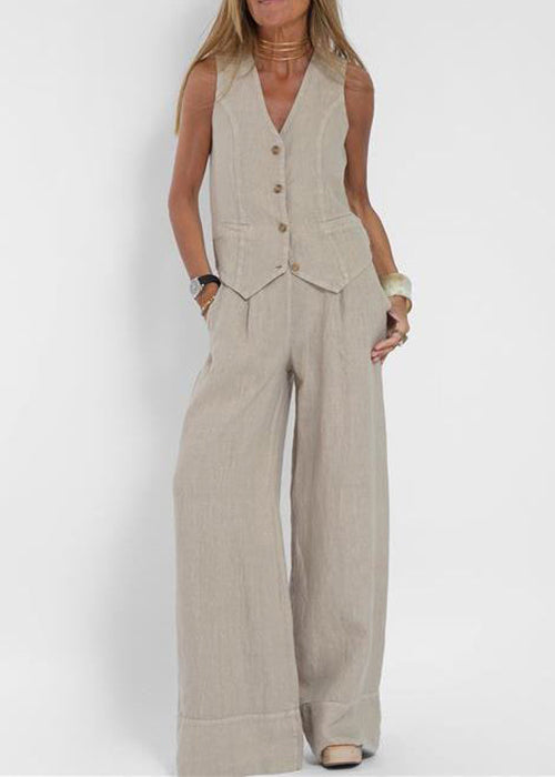 Loose Apricot V Neck Button Linen Two Pieces Set Sleeveless
