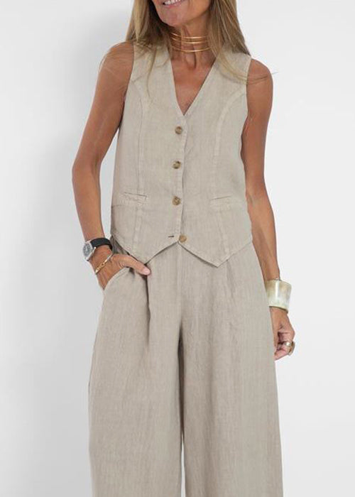 Loose Apricot V Neck Button Linen Two Pieces Set Sleeveless