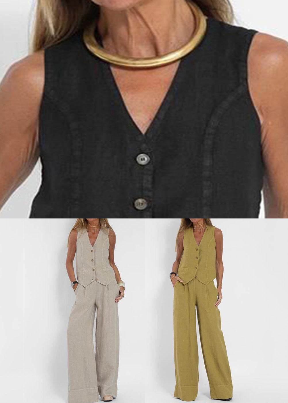 Loose Apricot V Neck Button Linen Two Pieces Set Sleeveless