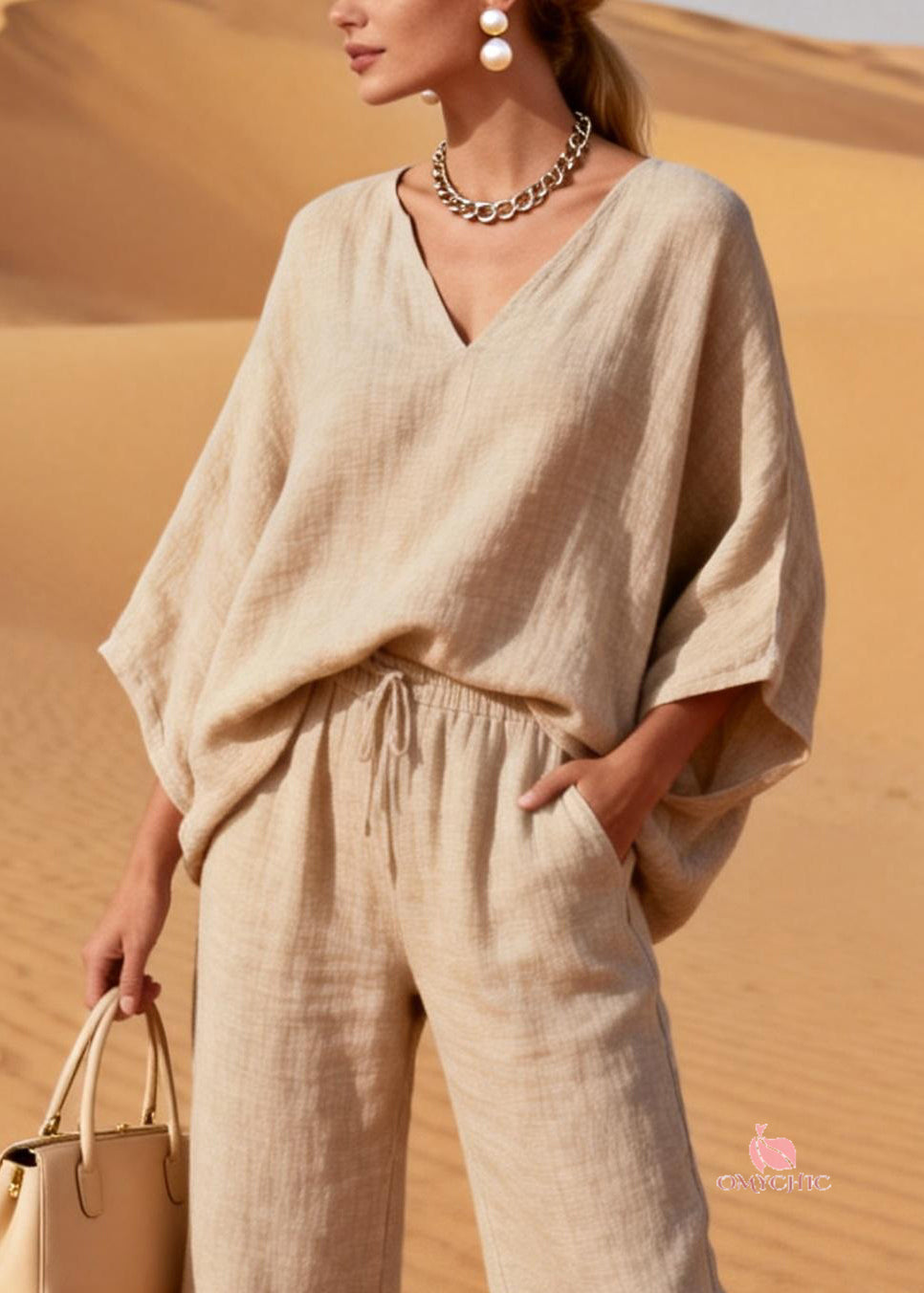 Loose Apricot V Neck Elastic Waist Sequins Patchwork Two Pieces Set Batwing Sleeve