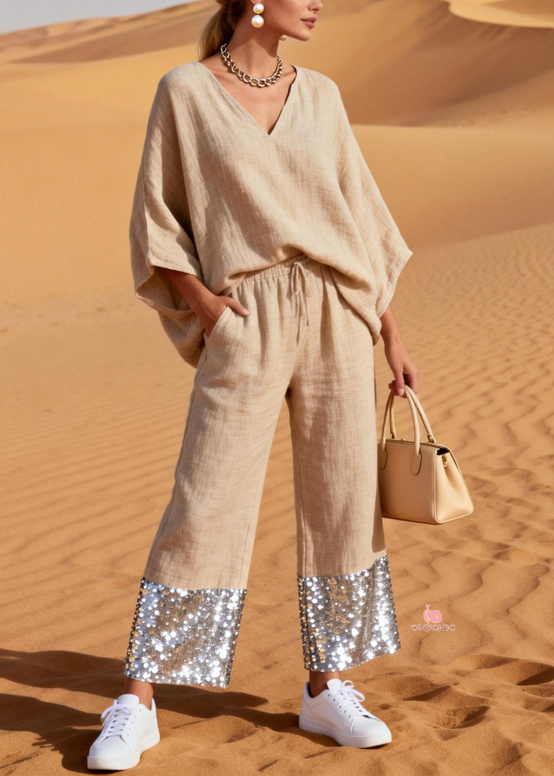 Loose Apricot V Neck Elastic Waist Sequins Patchwork Two Pieces Set Batwing Sleeve