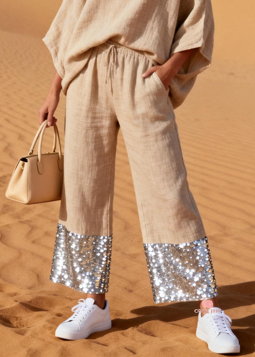 Loose Apricot V Neck Elastic Waist Sequins Patchwork Two Pieces Set Batwing Sleeve