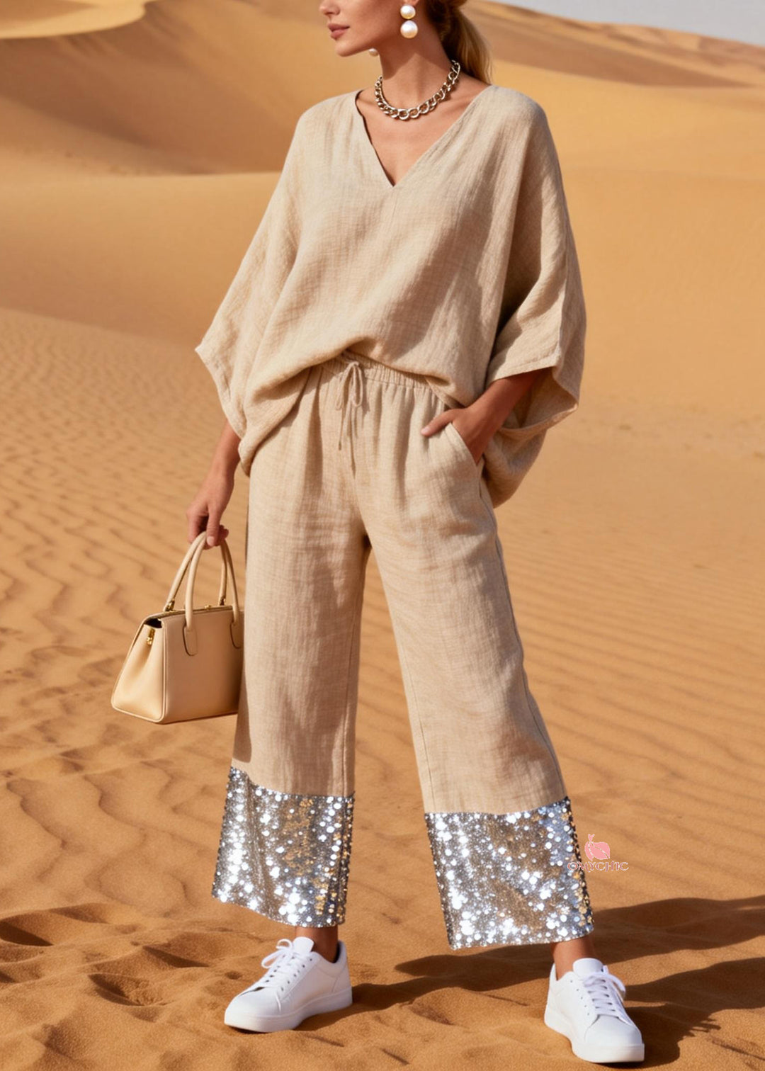 Loose Apricot V Neck Elastic Waist Sequins Patchwork Two Pieces Set Batwing Sleeve