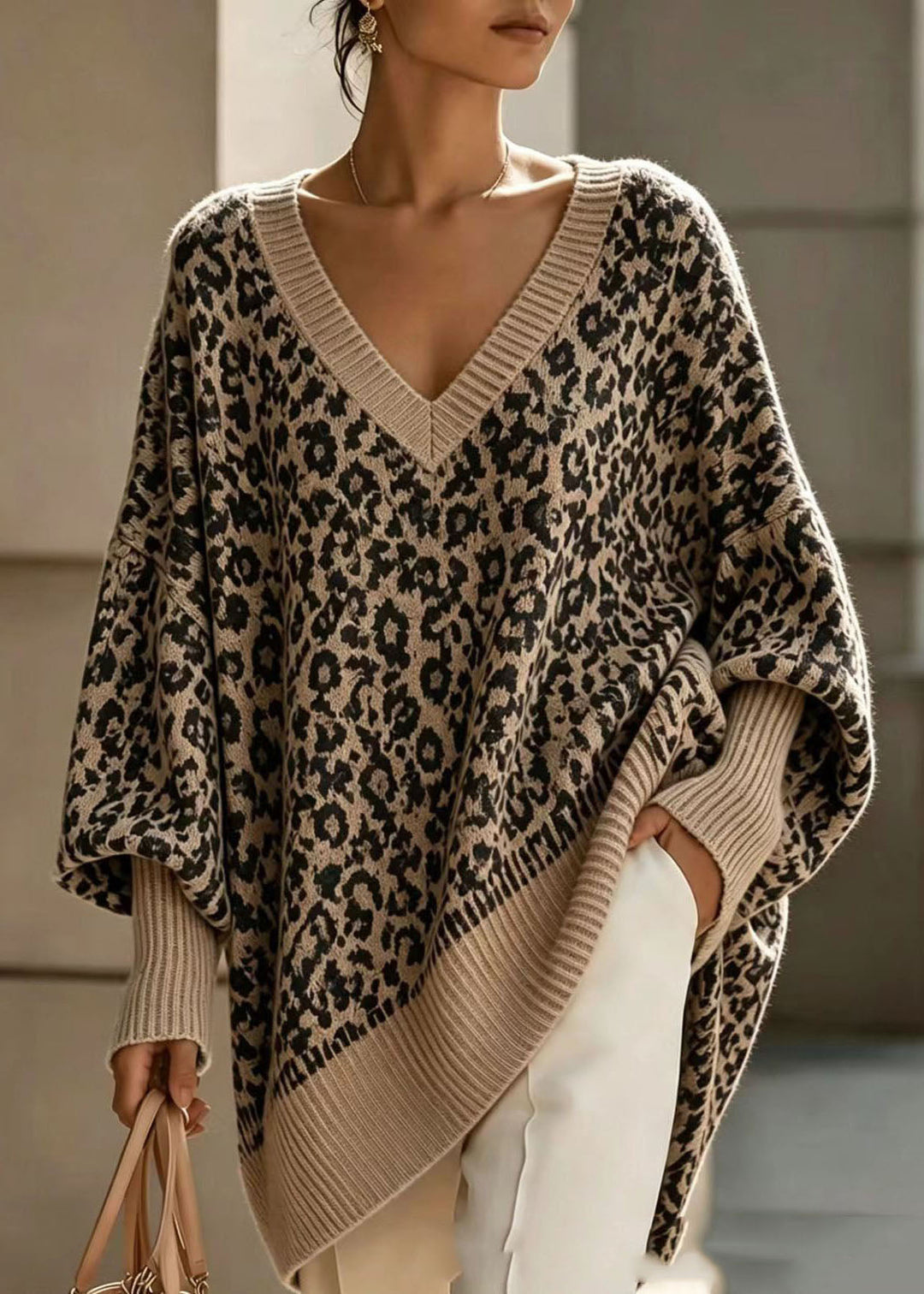Loose Apricot V Neck Print Cotton Knit Sweaters Winter
