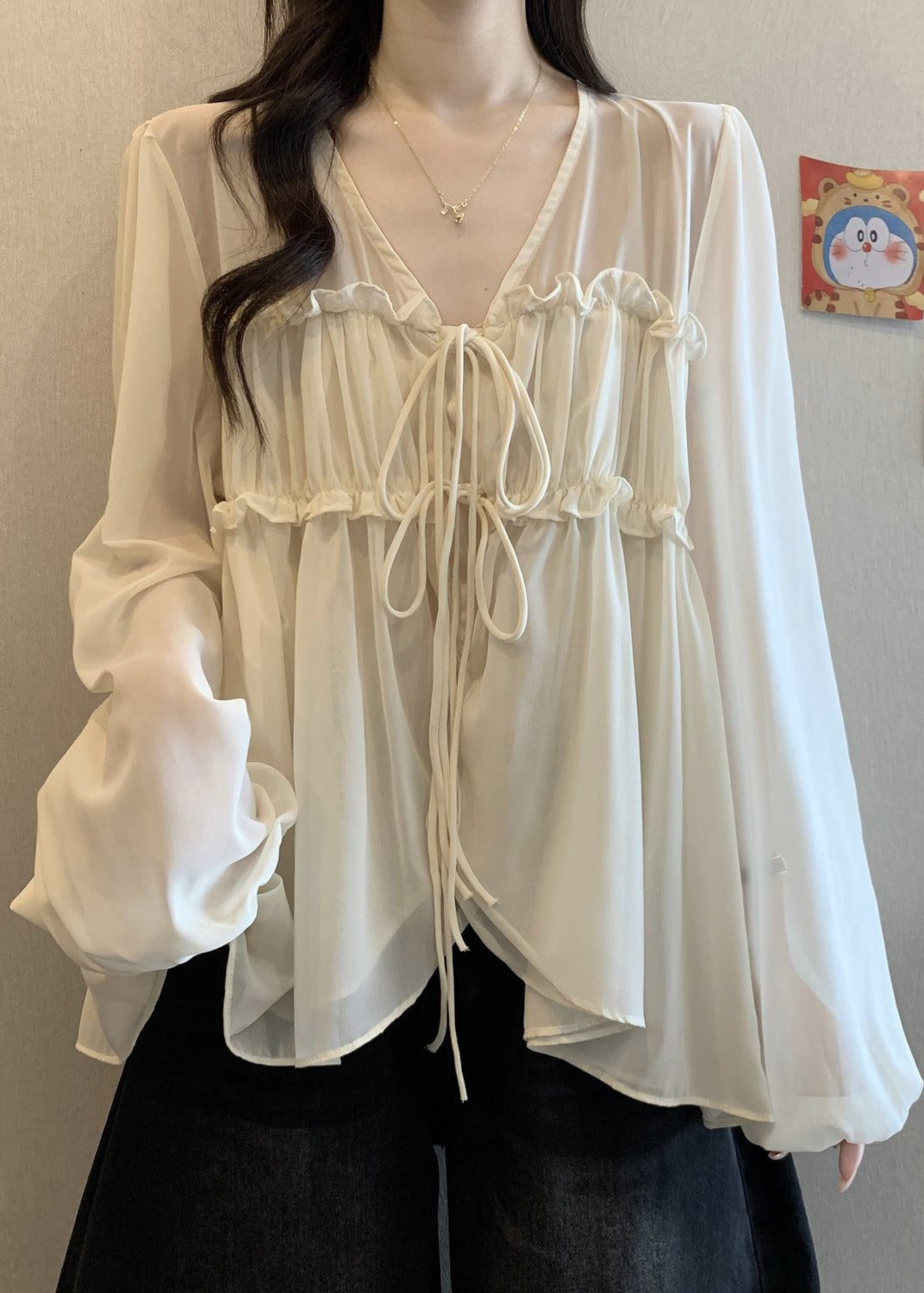 Loose Apricot V Neck Ruffled Chiffon Shirt Fall