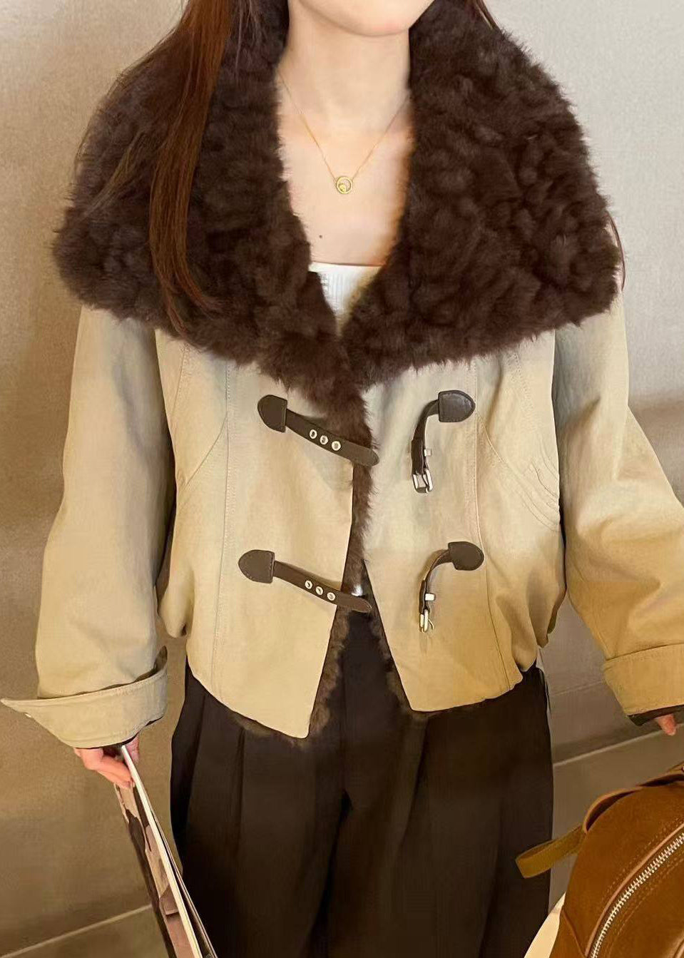 Loose Army Green Peter Pan Collar Fluffy Patchwork Parkas