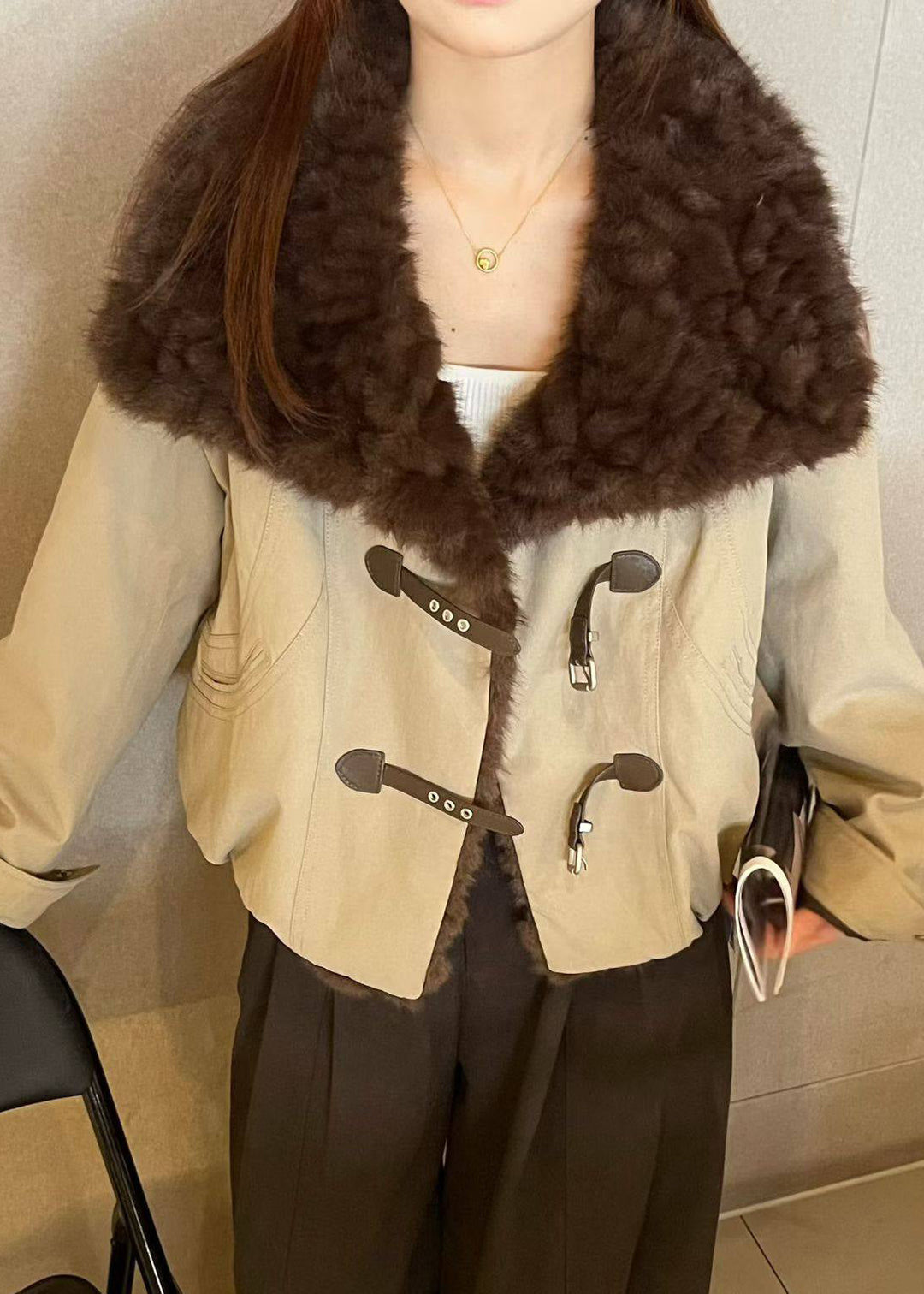 Loose Army Green Peter Pan Collar Fluffy Patchwork Parkas