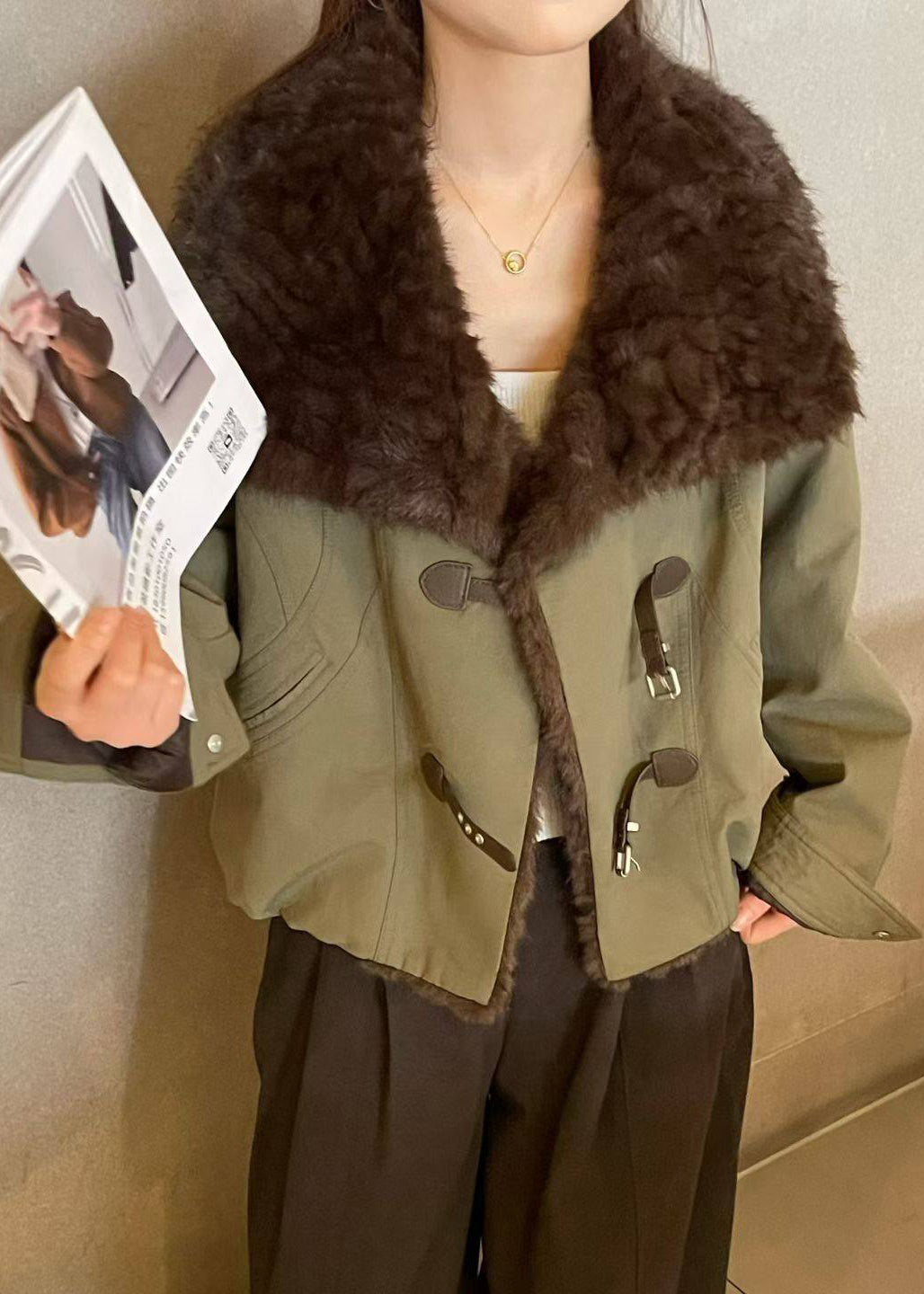 Loose Army Green Peter Pan Collar Fluffy Patchwork Parkas