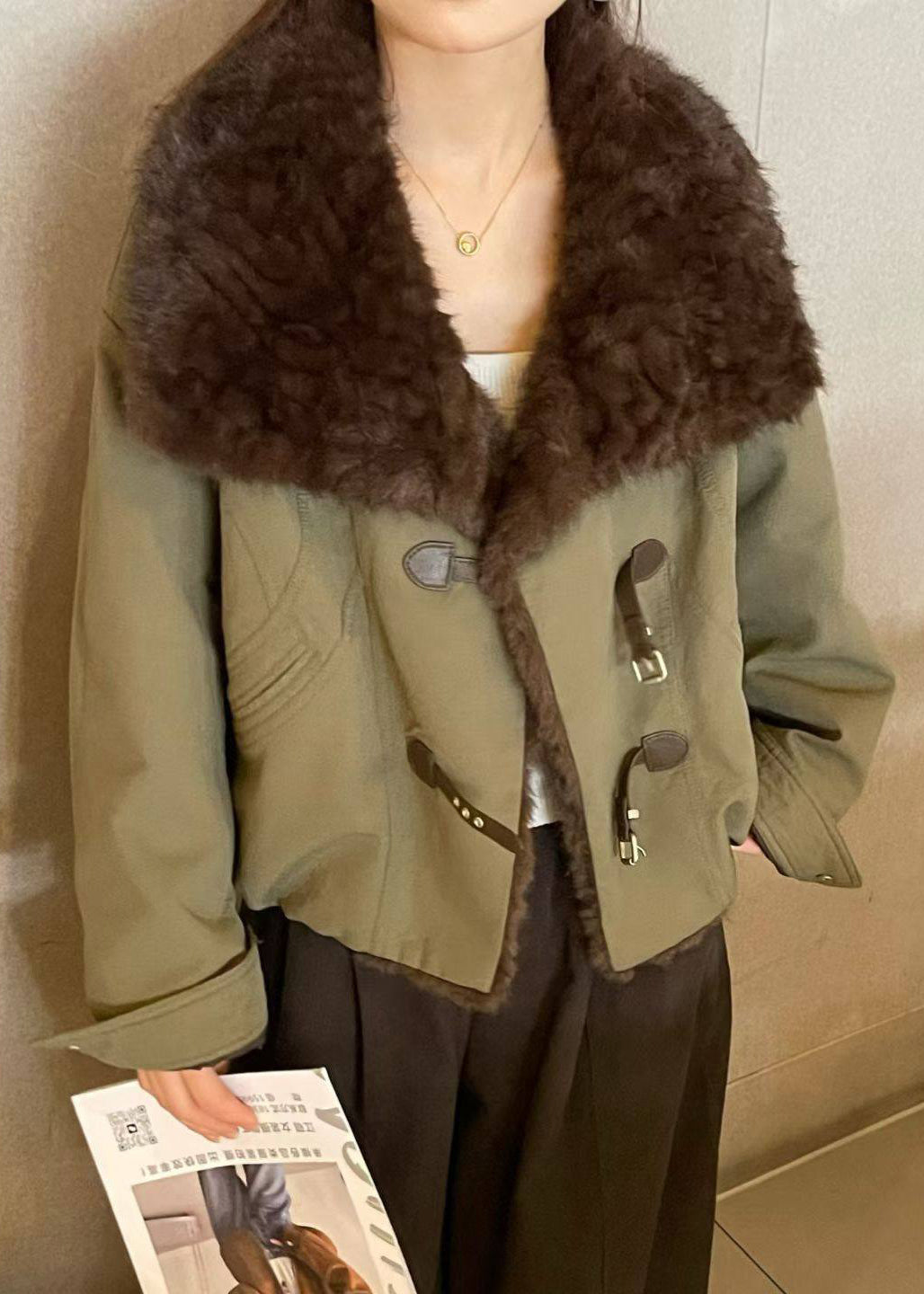 Loose Army Green Peter Pan Collar Fluffy Patchwork Parkas